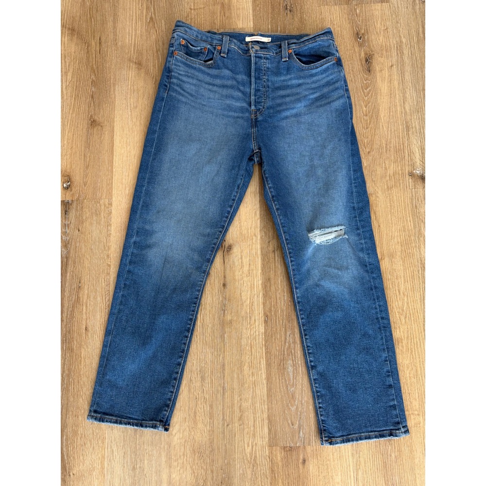 Levi's Wedgie Straight Button Fly Jeans Women 32 Blue Distressed High Rise Boho